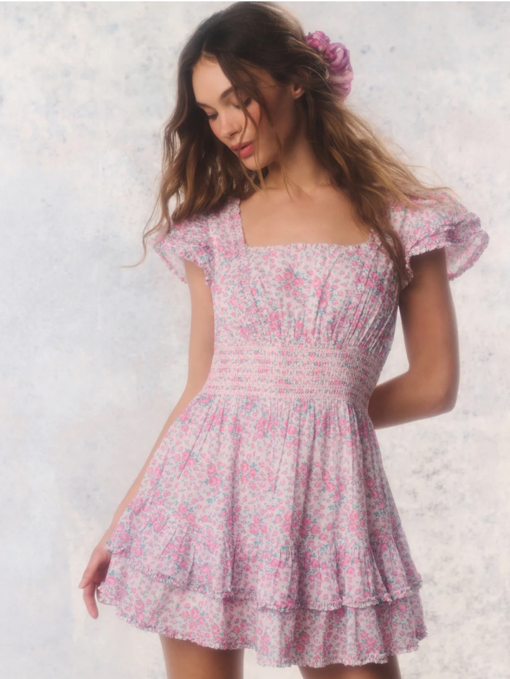 LoveShackFancy Re-Edition Stanton Floral Cotton Mini Dress in Coffee Cake